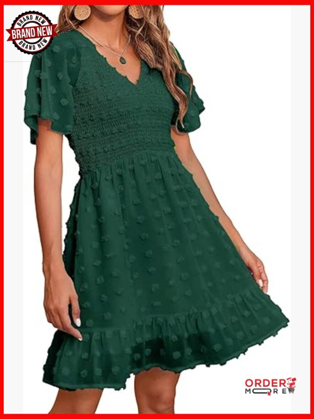 Womens V Neck Short Sleeve Smocked Swiss Dot Ruffle Casual Mini Dress